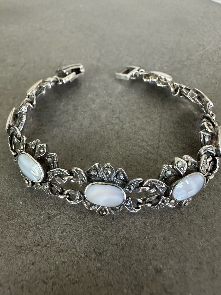 Vintage Sterling Silver Mother Of Pearl And Marcasite Bracelet